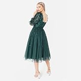 Maya Deluxe Sukienka damska Midi Sequin Emmbellished Frilly Sweetheart Neckline Puffed Sleeves for Wedding Guest Prom Evening sukienka damska, Emerald Green, 20