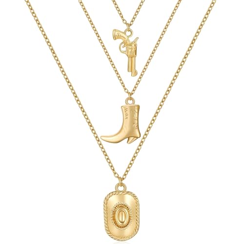 HANRESHE Gold Cowboy Necklaces Western Jewelry For Women Trendy Cowgirl Accessories Layered Necklace Western Unique Cowgirl Pendant Necklace Boot Chains Jewelry Gift