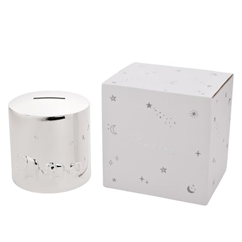Bambino By Juliana Silver Plated Round Money Box Memories Keepsake. Gifting to Celebrate Newborn Children, Family & Love - Present for New Born, Baby Shower & Christening.