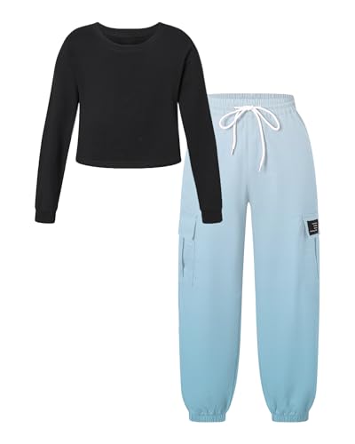 Image of Betusline Girls Fall Winter Clothing Sets, Long Sleeve Crop Top & Cargo Jogger Pants 2 Piece Outfit Sets,4T-14Y