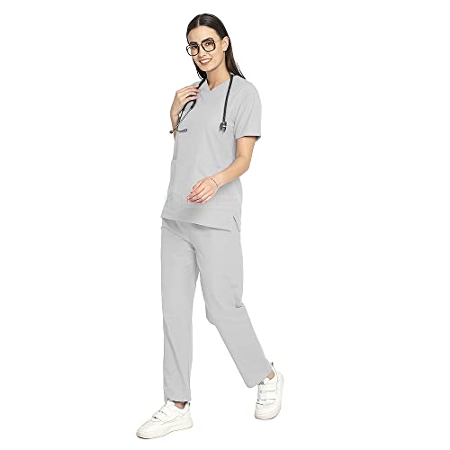 Image of IS IndoSurgicals Faux Wrap Scrub Suits for Doctors Women OT Dress (M, Grey)
