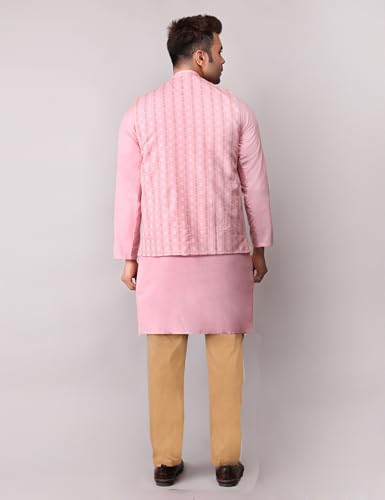 Image of Men's Cotton Silk Blend Regular Kurta Pyjama, Embroidered Nehru Jacket /Waistcoat Set