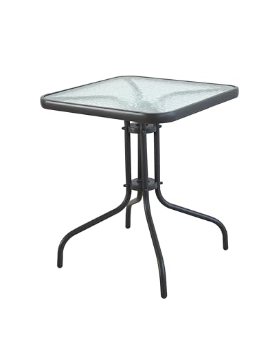 HERSIG - Mesa de Jardin Cuadrada de Acero y Vidrio Templado - Mesa Exterior Negro 60x60x70 CM - Mesas de Terraza y Jardín Cuadradas Resistentes - Mesas para Verano Exterior con Cristal Texturizado