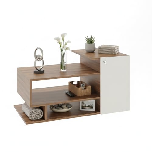 Image of FURNEASER Hanoi Modern Engineered Wood Coffee Table with Door & Storage Shelves | Center Table for Living Room & Sofa Area | Multi Level Open Rack Design | DIY Furniture (Exotic Teak & White)