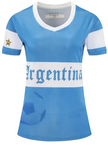 Women Football Jersey Sports Fans Outdoor Soccer T-Shirts Athletic Slim Fit Activewear Tops Argentina Blue L
