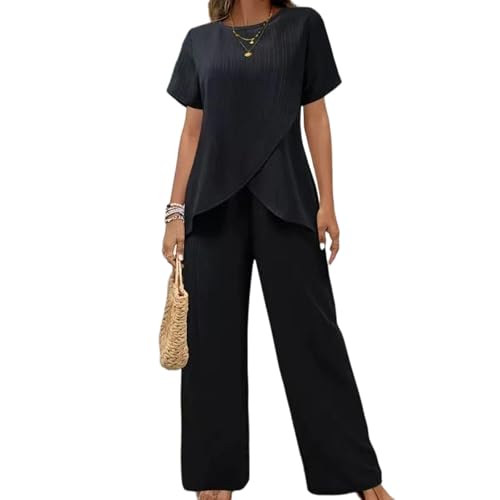 Haut manches courtes et pantalon large taille haute : ensemble de détente fluide anti-serrage