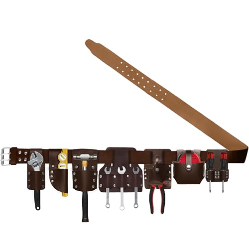 Tooliz Leather Tool Belt Multi-Pocket Adjustable Work Belt for Tools & Accessories, Professional Tool Holder for Carpenter, Electrician, DIY Workers - Versatile Pouch Storage for Working Tools (Brown)