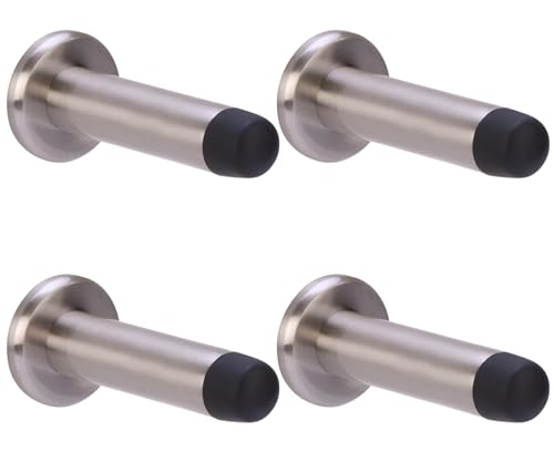 HANDLEZONE® 4 Pack 75mm / 3 inch Projecting Skirting Or Wall Mounted Door Stop, Concealed Fixing, Rubber Buffer Stopper - Satin Nickel