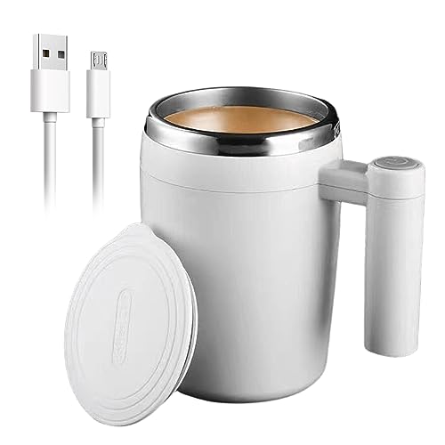 Selbstrührende Tasse: 380 ml Elektrischer Kaffeebecher Automatische magnetische Rührtasse Edelstahltasse mit Deckel Mischbecher Rührkaffeetasse für Milch, Kakao, Kaffee, Tee, Saft (Weiß)