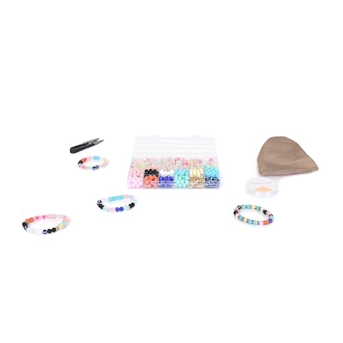 Image of Ambitieux DIY Bracelet Making Kit 575+ Beads Jewelry Set With Glass,Double,Charms Pendants Accessories,Evil Eye,Elastic Thread,Cutter & Jute Bag Craft Kit For Girls,Kids & Adults (Matt),Multicolor