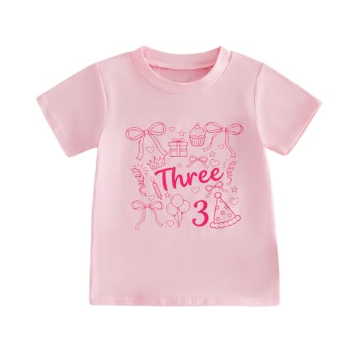 Image of Himllauen Toddler Baby Girls Summer Birthday Shirts Number Letter Print Short Sleeve Crew Neck Cute T-Shirt Little Girls Birthday Summer Clothes Tops 1-6 Years (Pink Bow 3, 3-4 Years)