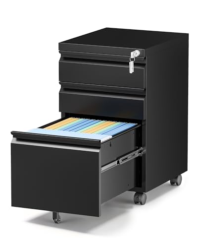 LISSIMO Mobile File Cabinet with Lock, 3 Drawer File Cabinet for Home Office, Rolling File Cabinet, Under Desk Locking Filing Cabinet on Wheels for Legal/Letter/A4 File, Fully Assembled, Black