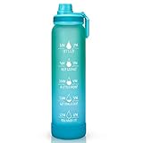 Sursip 32oz Glass Water Bottle with Time Marker and Spout Lid,Motivational Water Bottle with Silicone Boot,1Liter Reusable Glass Water Drinking Bottles With Reminder Quotes, Leak Proof,BPA Free