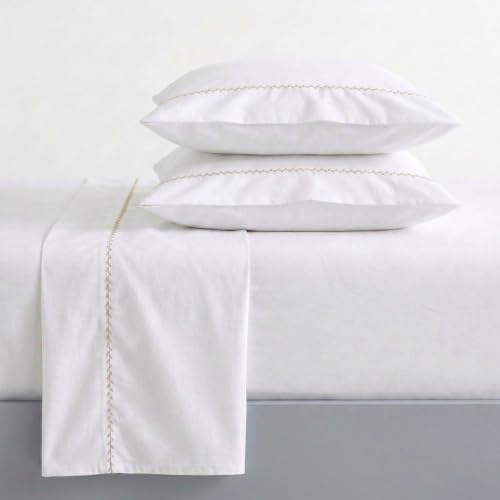 Image of Martha Stewart - Twin Size Sheets Set, Crisp & Tailored Cooling Sheets with a Smooth Cotton Percale Lightweight Feel - Bed Sheets with Matching Pillowcase & Fitted Sheet (Lilly Pond Leaf Beige)