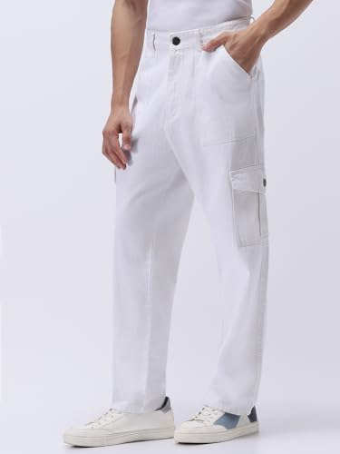 Image of Urbano Fashion Men's Loose Mid Rise Baggy Fit Cargo Jeans with 6 Pockets Non-Stretchable