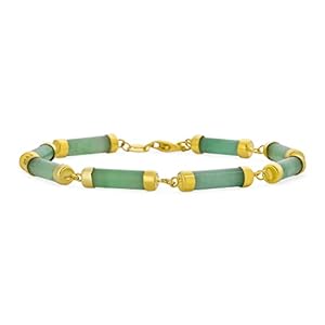 Asian Style Gemstone Black Onyx Genuine Multi Color Yellow Red White Green Jade Strand Contoured Tube Bar Link Bracelet For Women 14K Yellow Gold Plated .925 Sterling Silver 7.5 Inch