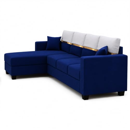 Image of Furny Arvea 5 Seater Fabric LHS L Shape Sofa Set (Blue) | Soft Velvet Fabric | Modern Design | Comfortable Seating | Living Room Furniture