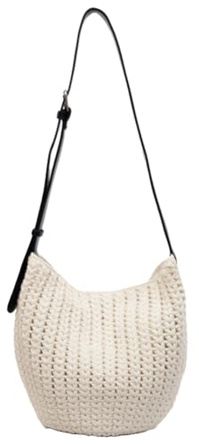 Pocadri Crochet Beach Shoulder Bag Women Hollow Knit Tote Handbag Summer Woven Purse Bucket Satchel Shopping Commuting