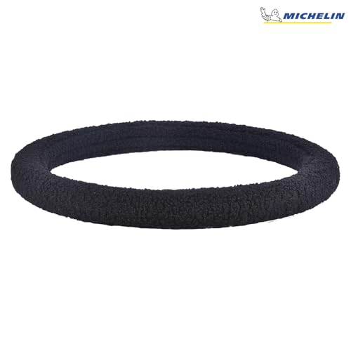 Image of MICHELIN iFit Premium Faux Leather Steering Wheel Cover- Black Fur Stich, DIY - No Tools Required to fit, iFit Technology Stretches to fit 14.5 inch & 15.5 inch Inches Most Steering Wheels