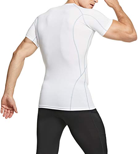 TSLA Men's Cool Dry Short Sleeve Compression Shirts, Athletic Workout Shirt, Active Sports Base Layer T-Shirts, Active(mub33) - White, Medium