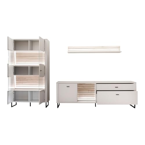 Lomadox Wohnwand Wohnmöbel Set weiß mit Eiche-Lamellen 3-teilig Modern, 1 Vitrine, 1 Wandboard, 1 Lowboard inkl. LED-Beleuchtung – Bild 4