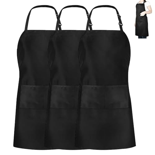 Image of DDUP Kitchen Apron, Adjustable Kitchen Chef Aprons with 2 Pockets, Women Men Aprons for Home Kitchen, Restaurant, Coffee House, Baking Gardening BBQ, Professional Apron (Black) (Black-Pack of 3)