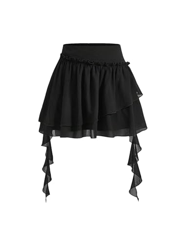 Verdusa Women's Tiered Layered Mesh Mini Skirts High Waisted A Line Flowy Ruffle Skirt