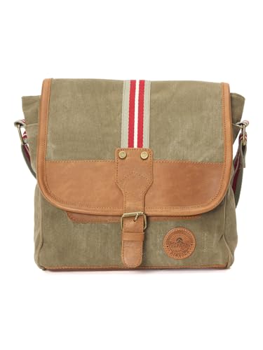 Image of Canvas Messenger Bag with Leather Trim, Olive Green with Red Stripe, Vintage Style Shoulder Bag