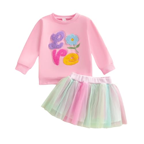 Honganda Toddler Baby Girl Valentine's Day Outfit Love Flower Embroidery Pullover Sweatshirt with Tutu Skirt 2Pcs Clothes Set (Pink, 3-4T)