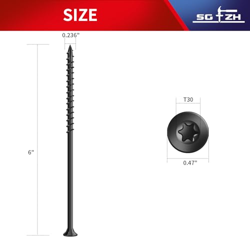 Image of #14 x 6 Inch Deck Screws (23Pcs) 1lb. Exterior Wood Screws. Carbon Steel, Black, Flat Head, Rust Resistant epoxy Coated, with T30 Star Bit
