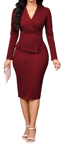 Image of Oxgmoky Women's Elegant Dresses Work Business Dress Bodycon Long Sleeve Pencil Dress