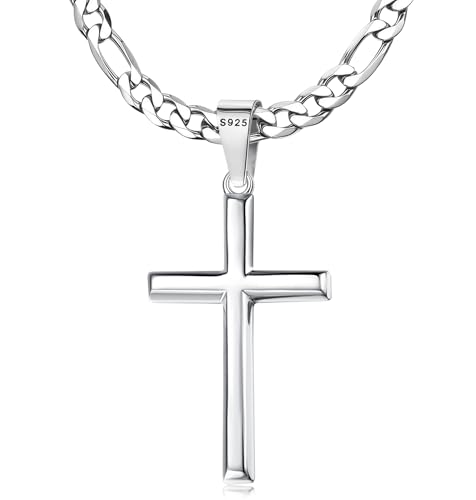 MILACOLATO 925 Sterling Silver Cross Necklace Men - Beveled Edge Cross Pendant with 5mm 316L Stainless Steel Figaro Link Chain Crucifix Necklaces Silver Jewelry for Men Women, 18-30'' Christian Baptism Gift
