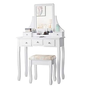 COSTWAY Kaptafel met 5 lades, make-up kaptafel met verwijderbare opbergdoos en vierkante spiegel, afneembaar bovenkant…