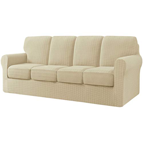 Chun Yi 9 Piece Oversized Sofa Cover, 4 Seater Stretch Couch Slipcover With Four Separate Backrest And Cushion With Elastic Band, Houndstooth Fabric( X-Large, Ivory White) #TOP21