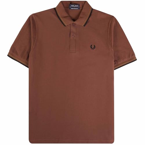 Fred Perry Mens Twin Tipped Polo Shirt M12 100% Cotton in Whisky BrownTipped with Black & Dark Caramel Size 46 XXXL