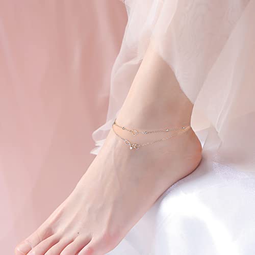 Image of Flyow Anklet for Women S925 Sterling Silver Adjustable Foot Beaded Heart Charm Ankle Bracelet Anklets Jewelry