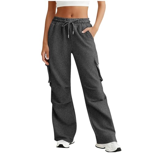 Cargo Sweatpants for Women with Multiple Pockets Wide Leg Sweat Pants Winter Warm Fleece Lined Women's Pants Dark Gray M