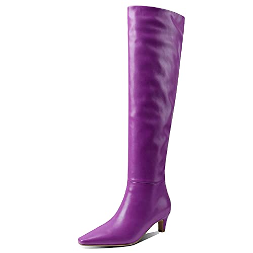 Damen Stilvolle Quadratischer Zeh Mattes Leder Slip On Herbst Winter Weite Wade Komfort Slouch Niedriges Kitten Heel Kleid Overknee Stiefel Lila Größe 43 Cover
