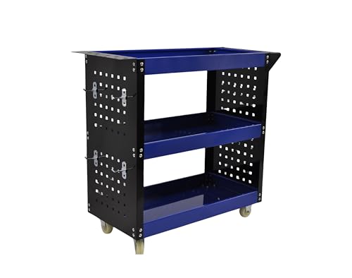 Carro de Taller Profesional 3 Baldas con Paneles Laterales y Ganchos – Azul/Negro – 700×350×760 mm – Carro Herramientas con Ruedas Maniobrable