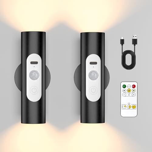 WOBSION LED Wandleuchte Innen mit Bewegungsmelder,USB Aufladbar Wandlampe Dimmbar mit Fernbedienung,3 Farbmodi Metall Nachtlicht in Warmweiß-Weiß,Beleuchtung für Flur und Treppe,2 Stück,Schwarz