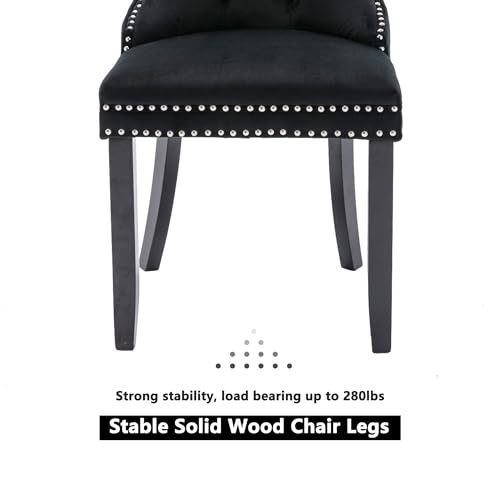 Image of Virabit Velvet Dining Chairs, Tufted Upholstered Dining Chairs with Nailhead Back and Ring Pull Trim, Solid Wood Dining Chairs for Kitchen /Bedroom /Dining Room (Black, Set of 2)