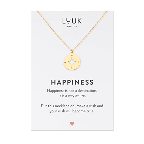 LUUK LIFESTYLE Collier avec pendentif boussole en acier inoxydable et carte HAPPINESS, porte-bonheur de voyage, bijoux pour femmes, or
