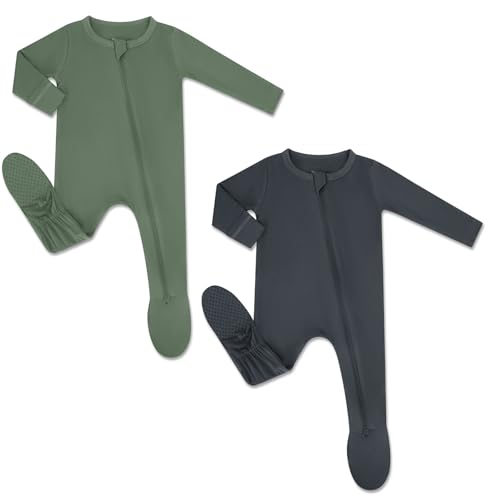 HAPIU Rayon from Bamboo Baby Footed Pajamas, 2 Way Zipper YKK, Footie for Baby Boy Girls, Newborn-24 Months, 2-Pack, Dark Forest Green&Dark Grey, 12-18 Months