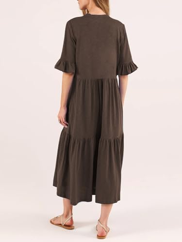 Image of Mieazom Short Sleeves Maxi Dress for Women A Line Summer Dress V Neck Casual Loose Tiered Long Dresses with Pockets