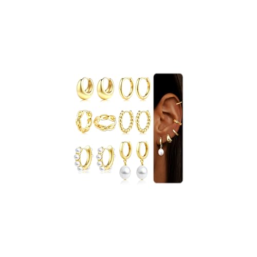 6 Pairs 14K Gold Plated Hoop Earrings for Women Trendy Chunky Hoop Earrings Stack Multipack Huggie Hoops Pearl Chain Dangle Gold Hoop Earrings Set