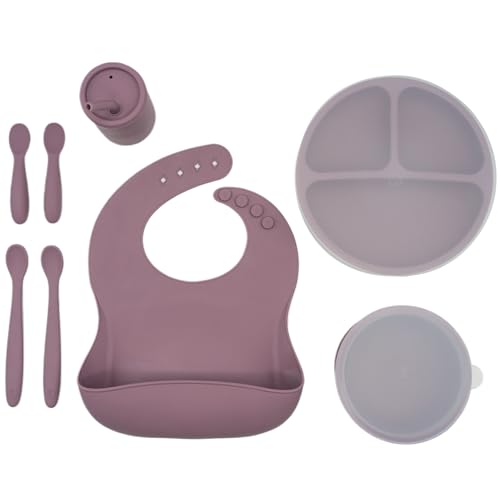Image of WeeSprout Baby Led Weaning Bundle, Silicone Suction Bowl, Spoons, Bib & Cup, Develops Self Feeding Skills, Dishwasher Safe (Purple)