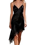 Women Satin Lace Mini Slip Dress Low Cut Spaghetti Strap Asymmetrical Dress High Low Y2k Silk Slip Dresses(Hot Black,Small)