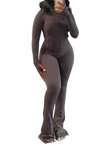 XZLUFNY Casual Workout Two Piece Outfits for Women Long Sleeve Tops Flare Pants Matching Sets