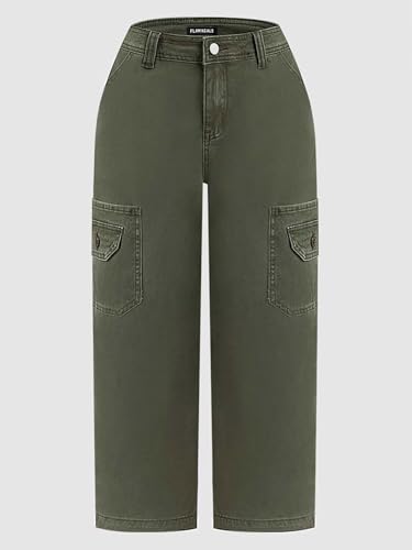 Flamingals Straight Leg Cropped Pants for Women Mid Rise Casual Cargo Solid Flap Pockets Pants3