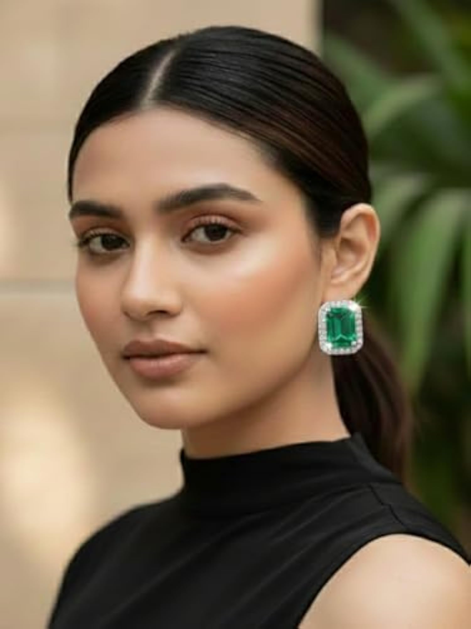Silver-Plated Designer CZ Emerald Stud Earrings, Daily Wear